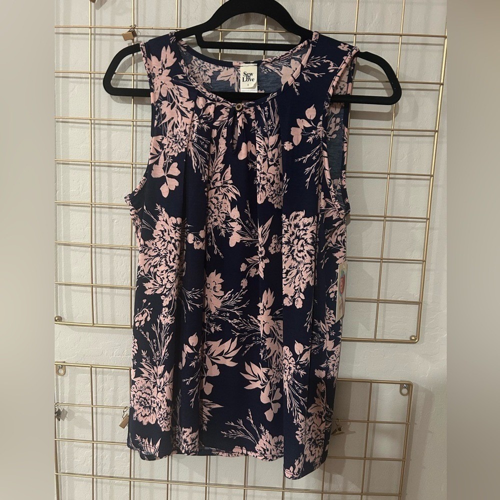 Sew In Love Navy Blue Pink Floral Sleeveless Keyhole Pleated Blouse Top Small